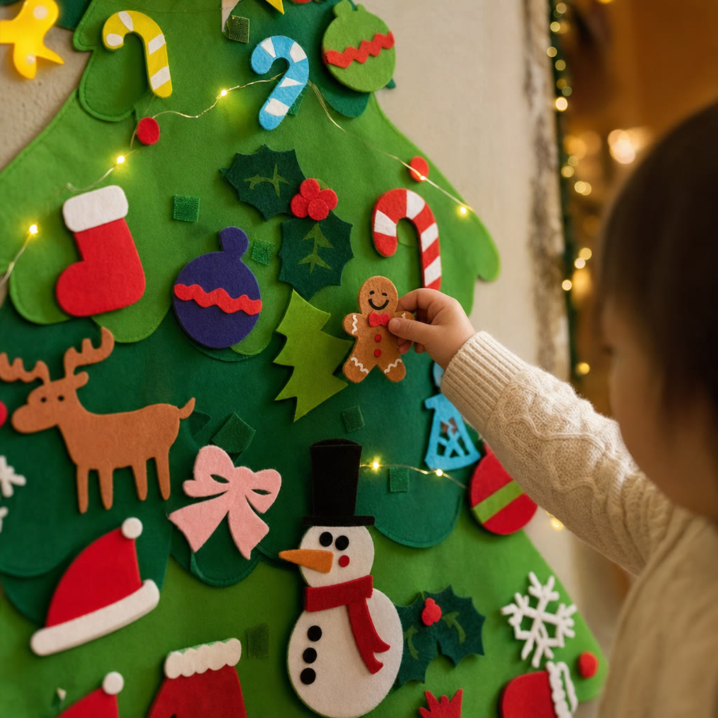 Child's hand sticking a felt ornament with Velcro