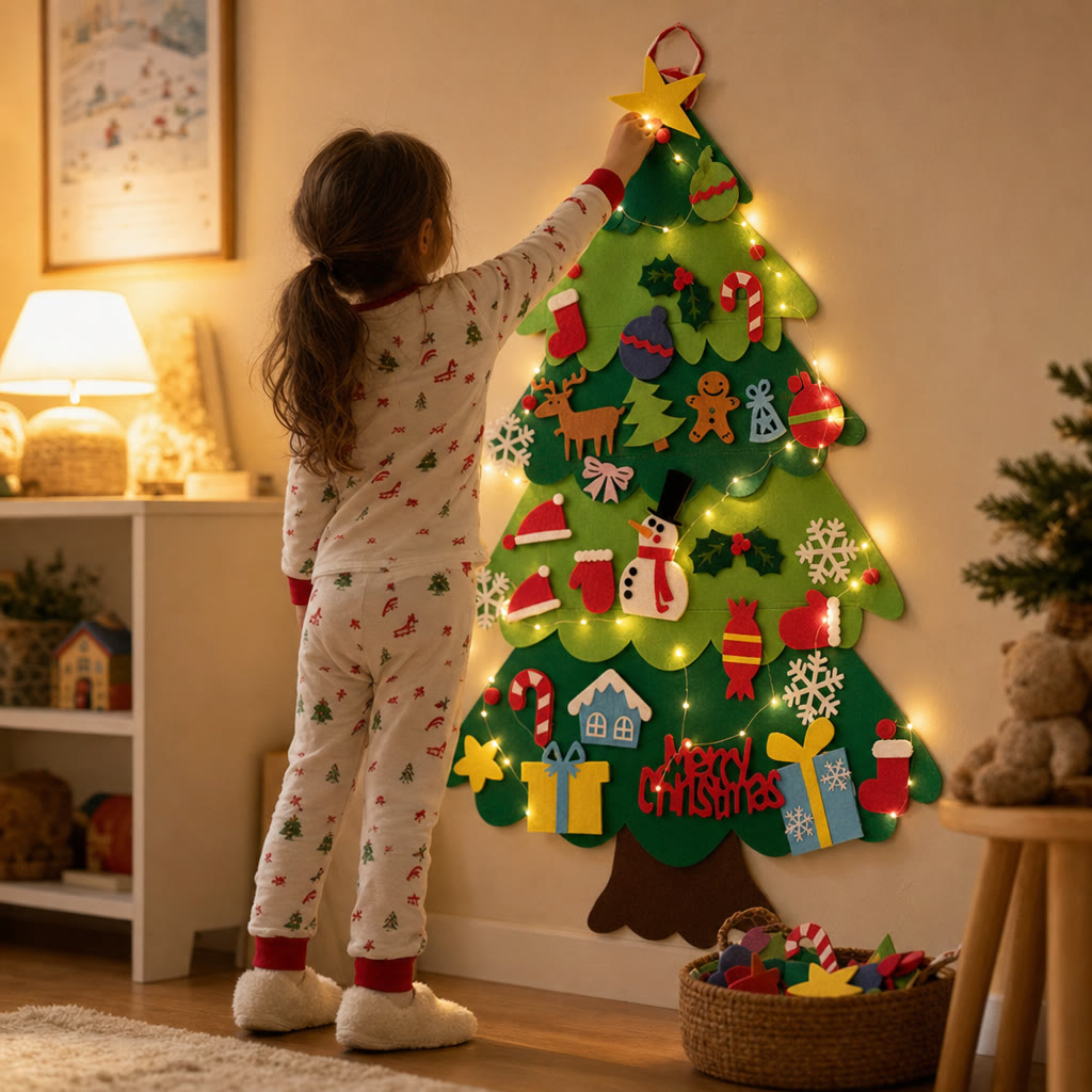 Girl decorating her felt Christmas tree with lights on the wall