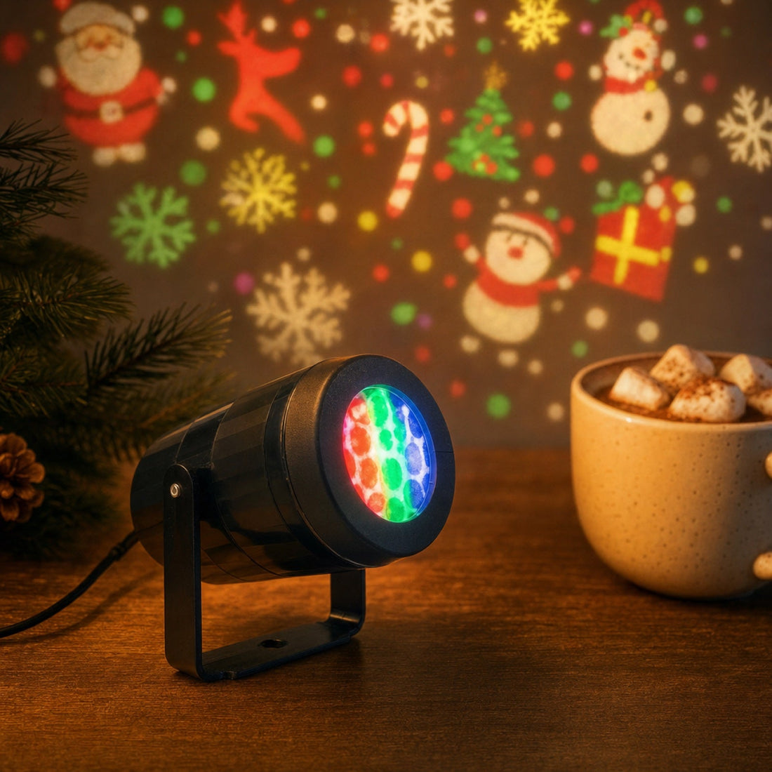 USB LED‑kerstprojector op een tafel met projecties op de muur