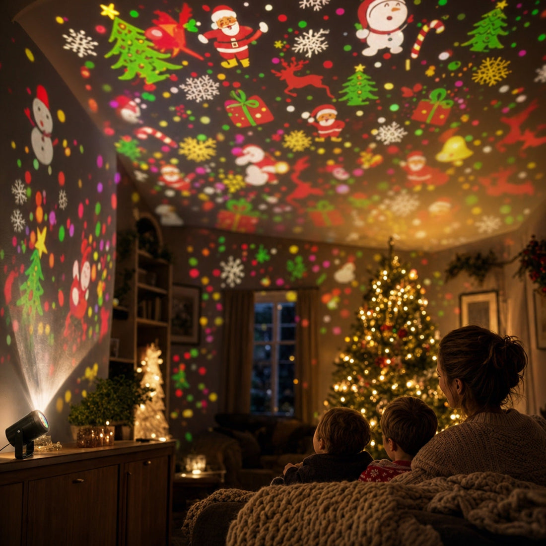 Kerstprojector die het plafond van de woonkamer vult met kleurrijke kerstfiguren