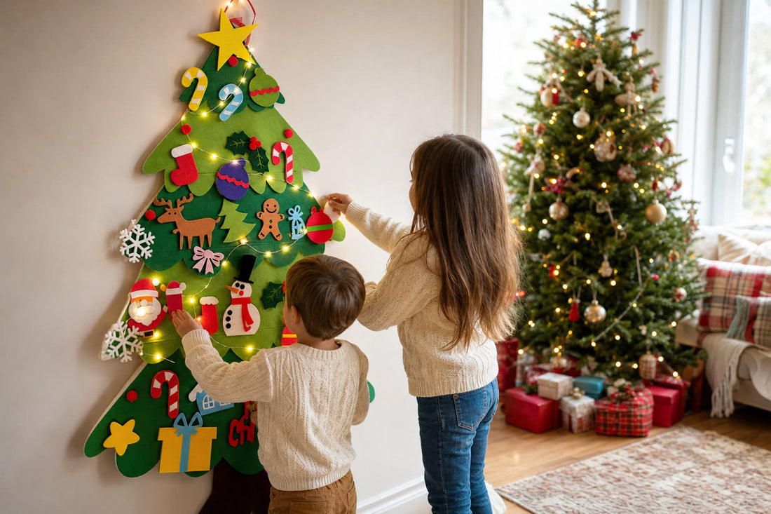 Two siblings decorating the felt tree while the real tree stays intact