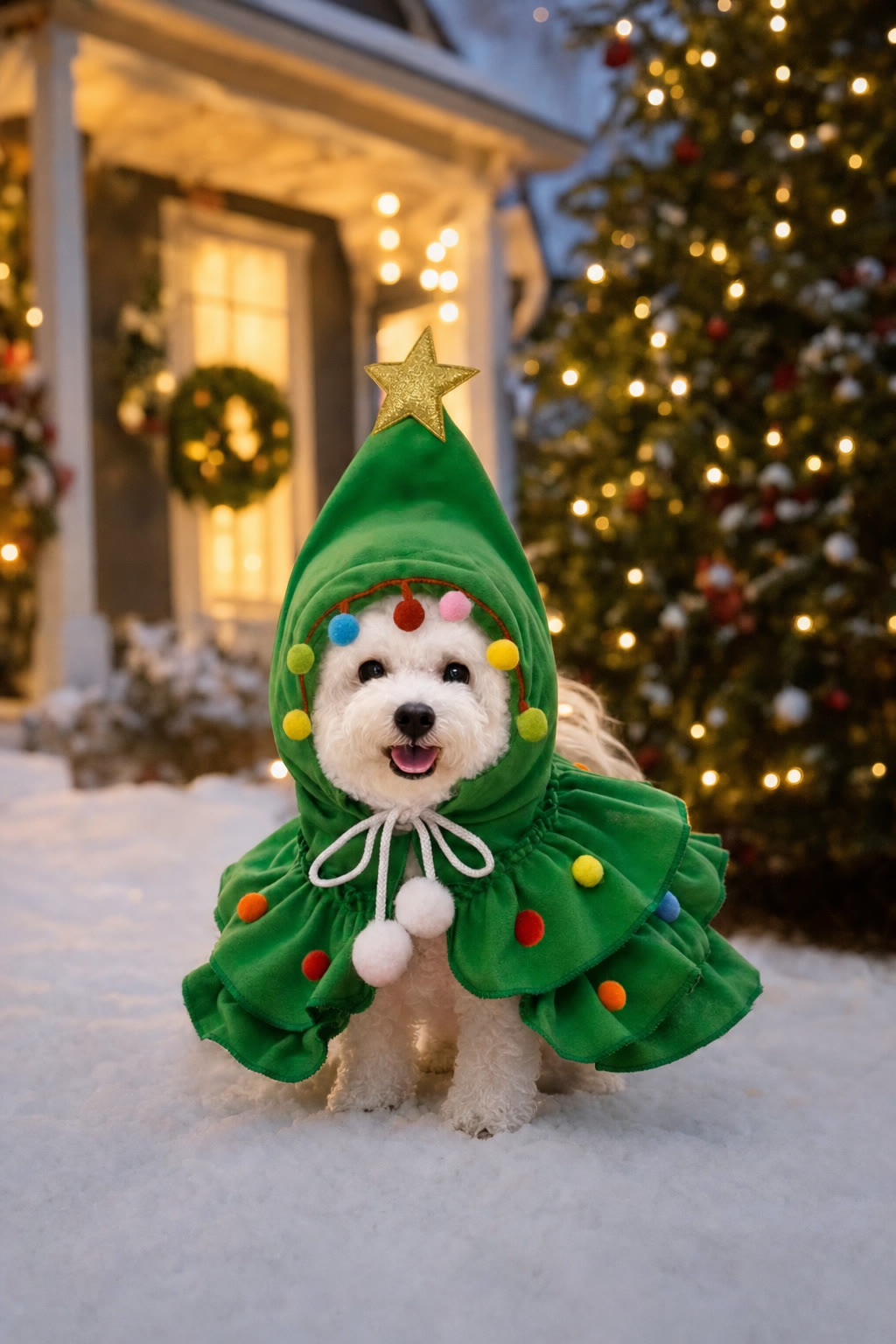 Dog wearing the Christmas tree cape in the snow