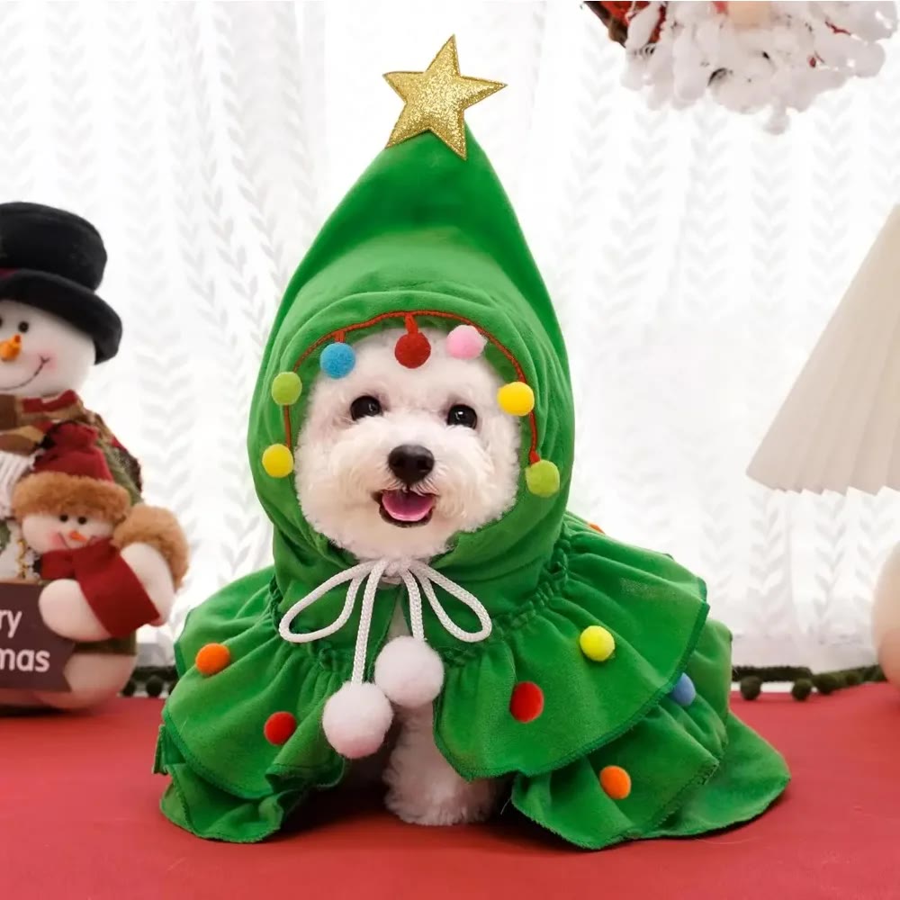 Christmas tree cape for dog with hood and star