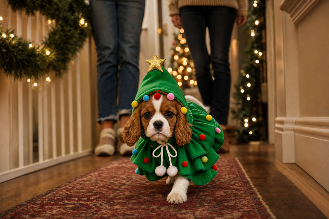 Puppy walking around the house wearing the Christmas tree cape